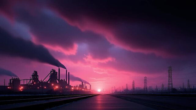 Highway Leading to Industrial Zone at Majestic Sunset