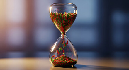 Hourglass filled with stock market candlestick chart sand falling time