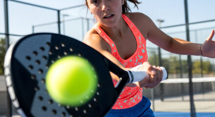 Dynamic Padel Action Shot Concept with female player hitting ball with racket, close up view of forehand shot during sunny outdoor match