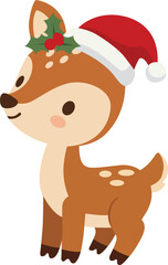 Cute Baby Deer with Santa Hat and Holly Vector