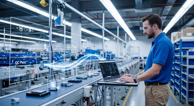 Industry 4.0 Quality Control Concept with engineer using laptop on factory production line, augmented reality interface showing automated defect detection process