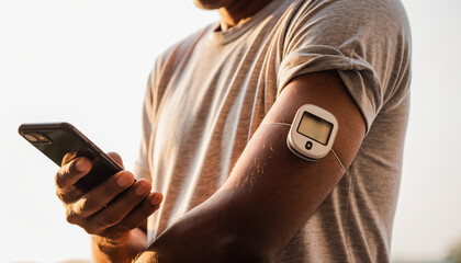 Close-up of diabetic person using continuous glucose monitor on arm with smartphone app interface, showcasing modern healthcare technology and self-monitoring concept.