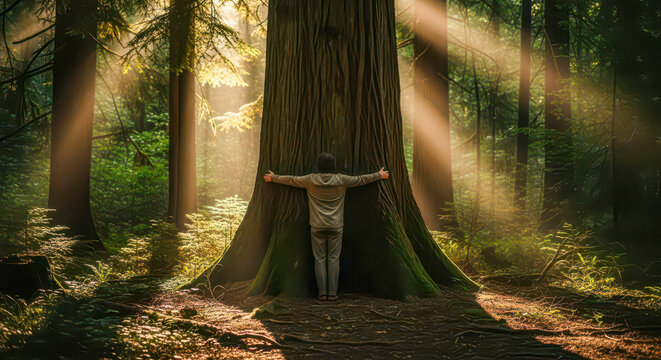 Person hugging giant ancient tree in magical forest with beautiful sun rays, concept of spiritual connection with nature and environmental love