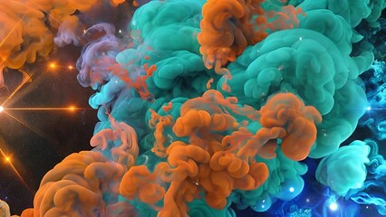 Superior Quality Stock Photographic Image Depicting a Multicolored Aerosolized Vapor Cloud Exhibiting Digital Artifact Distortions in Citrus and Blue-Green Hues