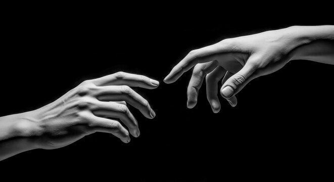 Creation of Adam concept two hands reaching for connection and help, representing human partnership, god and technology relationship on black background, artistic spiritual touch