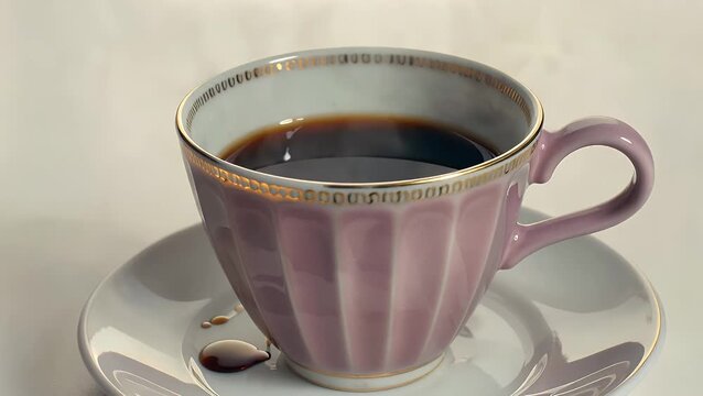 Simplified Artistic Depiction of a Light-Colored Beverage Vessel on a Small Plate with Faint Vapor Rendered in Subtle Hues such as Pale Purple or Soft Rose on an Uncluttered Pastel
