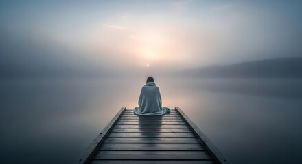 Solitude and peace concept with person sitting on dock looking at foggy lake, quiet moment of mindfulness and meditation in nature for mental health