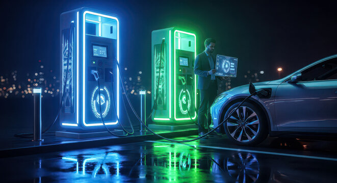 Electric car charging at futuristic station at night, man with ev vehicle promoting sustainable transport and green energy for future technology