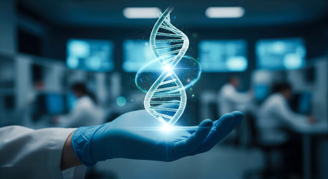 Scientist holding glowing DNA helix hologram in futuristic laboratory, concept of scientific discovery, genetic research, and modern medical technology