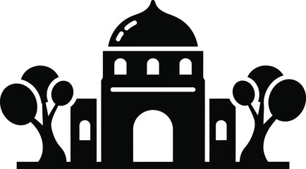 Silhouette of a grand building with trees