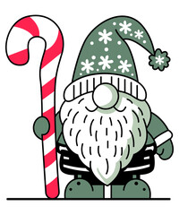 Cute Christmas Gnome Holding Candy Cane – Festive Winter Holiday Vector Illustration