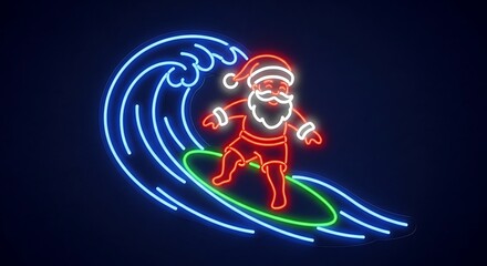 Neon Sign of Santa Surfing on a Wave at Night santa claus