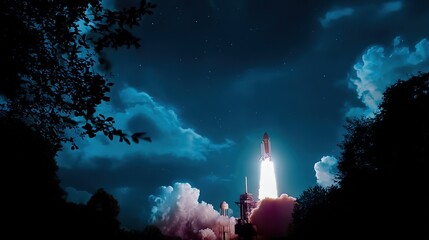 thrust. Rocket launching at night, with a dramatic plume against a starry backdrop. product launch decks, UI/UX mockups, designed for data visualization dashboards and holographic UIs.