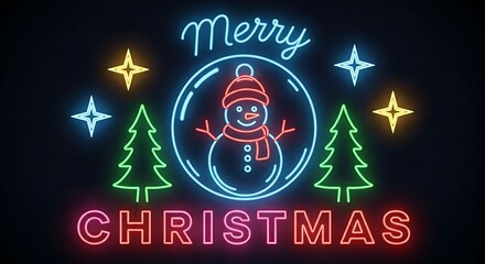 Neon snowman and Christmas trees with Merry Christmas text on a dark background lights