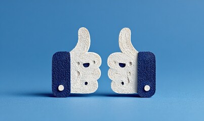 Paired Blue and White Felt Thumbs Up Icons on Solid Background, Minimalist 3D Style for Approval and Educational Concepts
