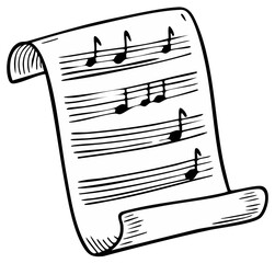 Hand drawn musical notes on a scroll of sheet music in black and white