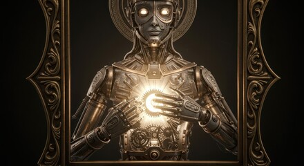 Intricate mechanical figure framed by ornate brass highlights a glowing core of energy.