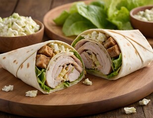 pork caesar salad wrap on a wooden board