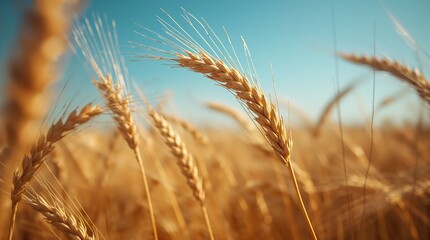 Fototapeta premium Closeup of golden wheat field under a bright blue sky on a sunny day