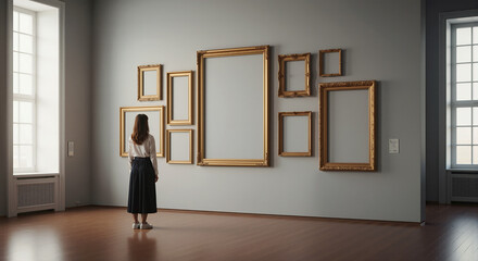 美術館で真っ白な絵（キャンバス）を鑑賞する人物を斜め後ろから見たイメージ、キャンバスに思い出やシーンを当てはめるブログ素材