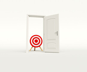 Creative door opening to a target symbolizing goals and opportunities in a minimalist space