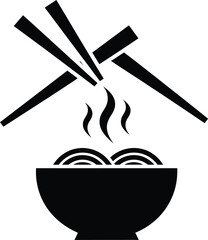 Black and white icon of steaming noodles with chopsticks