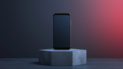 Powerful Smartphone with Blank Screen on Concrete Pedestal against Dark Gradient Background – Futuristic Technology Mockup