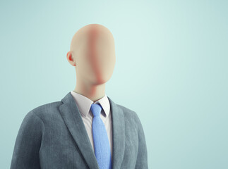 Formal mannequin dressed in a suit with a tie, standing against a light blue background
