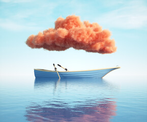 Dreamy boat floating under a fluffy orange cloud on a calm blue sea during a clear day
