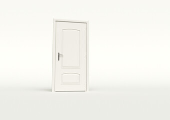 Simple white door standing slightly ajar on a plain background during daylight in a modern interior setting