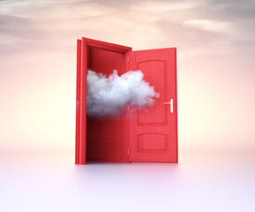 Open red door with clouds emerging, symbolizing possibilities and transitions in a serene setting
