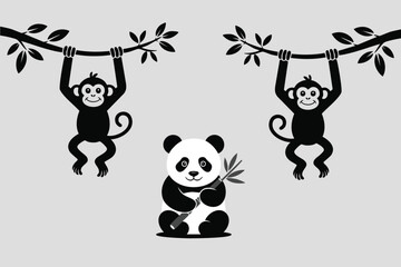 Cute cartoon panda and two monkeys hanging from branches