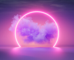 Vibrant sunset with neon pink hues over a calm ocean reflecting pastel clouds