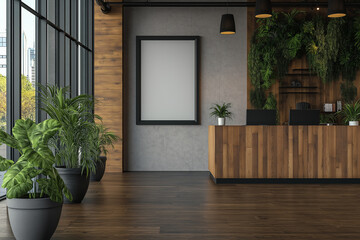 Modern Office Interior with Empty Poster Frame on Reception Counter Wall for Mockups and Branding