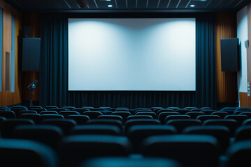 Modern Blurry Conference Hall with Empty White Screen Standee for Mockups and Branding Presentations