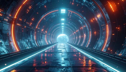 Futuristic tunnel leads to a glowing orb in deep space