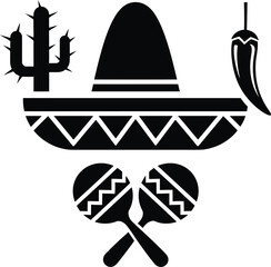 Mexican fiesta icons sombrero cactus chili pepper and maracas silhouette