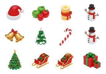 Illustration of christmas set isolated on transparent background with santa hat and gift box