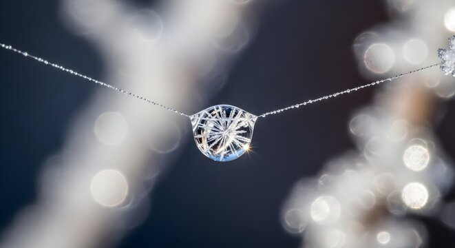 Close-up of a glistening spider web adorned with dew drops that capture the light, creating sparkling reflections and a sense of serene beauty and delicate balance.