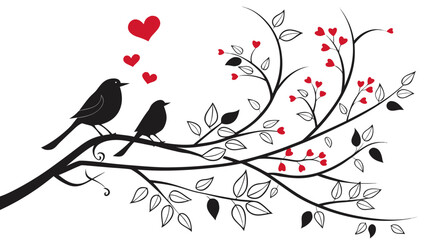 Charming birds perched on a love-filled branch, perfect for Valentine's Day cards, romantic designs, or wedding invitations with a touch of nature