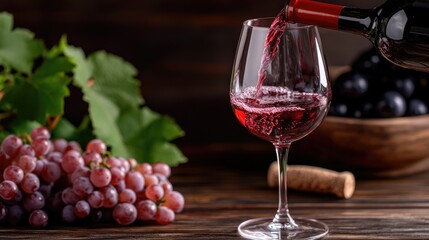 Pouring Red Wine into a Glass Surrounded by Fresh Grapes on a Rustic Wooden Table Setting