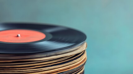 Fototapeta premium Vintage vinyl records stacked against a soft blue-green background, showcasing music history through classic albums
