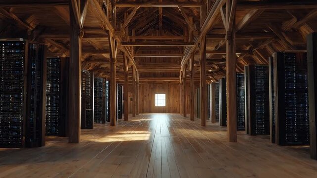 Rural data facility inside wooden barn with server racks and beams spacious attic room illuminated by warm natural light creating calm interior
