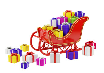 Illustration of santas sleigh full of colorful gift boxes isolated on transparent background, 3d render
