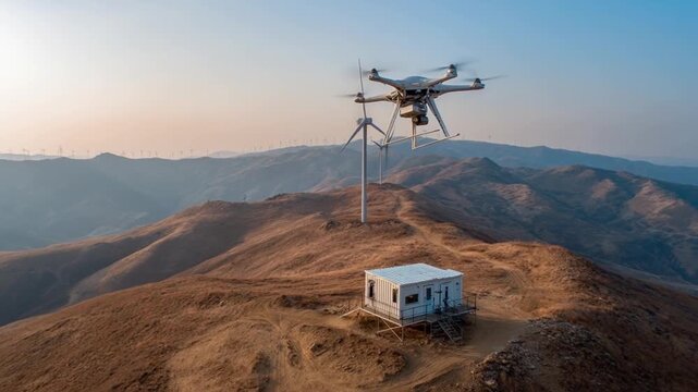 Drone flying over rural data facility near wind turbine on dry mountain landscape with wind turbines in background during sunset view