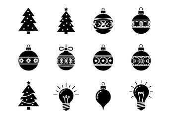 Illustration of black and white christmas ornament and tree icon set isolated on transparent background