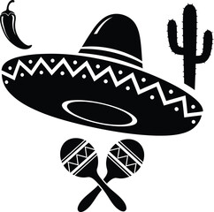 Mexican fiesta symbols sombrero cactus chili pepper and maracas
