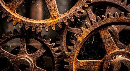 Close-up of rusted gears with a spiderweb on an old machine convey a sense of decay and obsolescence perfect for industrial or steampunk designs.