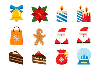 Illustration of christmas icon set with bell, poinsettia, candle, gift, gingerbread isolated isolated on transparent background