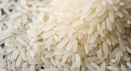 Close-up of uncooked long-grain rice, a staple food, with warm lighting, perfect for culinary or dietary concepts.